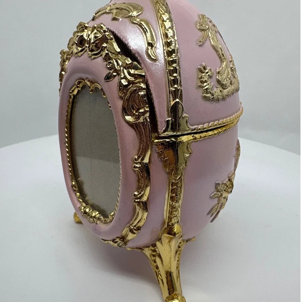 Ornate Pink Egg Picture Frame Trinket Box Goldtone Ornate Rococo Music Box Japan